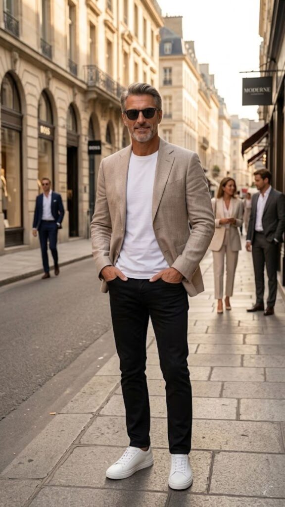 Discover How to Dress Like a CEO on Weekends using a smart casual jacket, jeans, and T-shirt combination that delivers an easy, elevated look