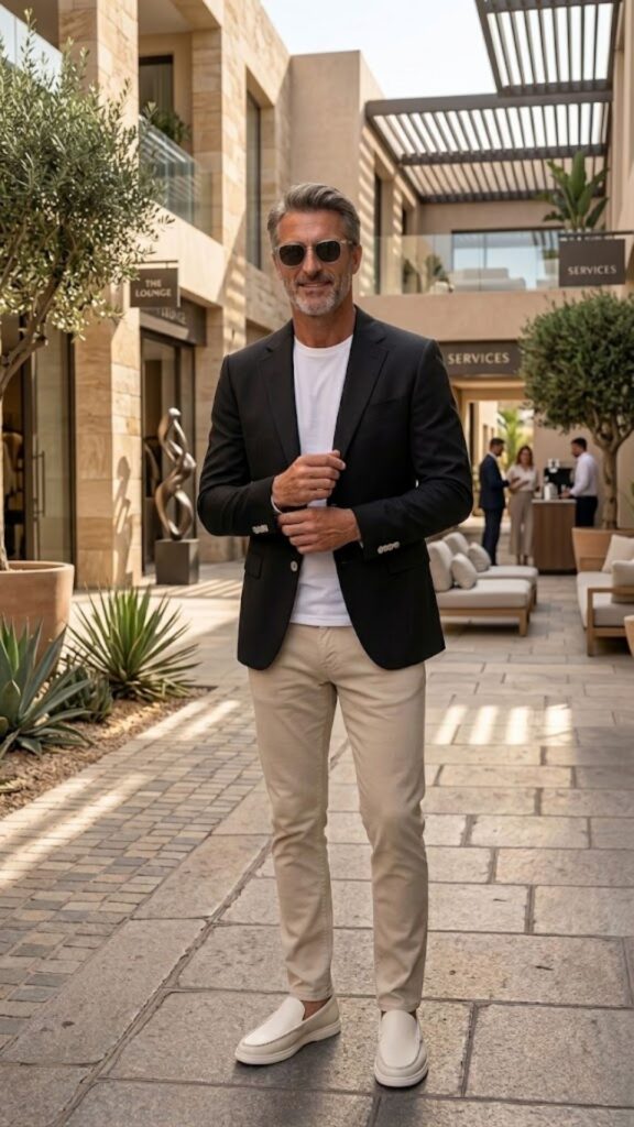 Discover How to Dress Like a CEO on Weekends using a smart casual jacket, jeans, and T-shirt combination that delivers an easy, elevated look