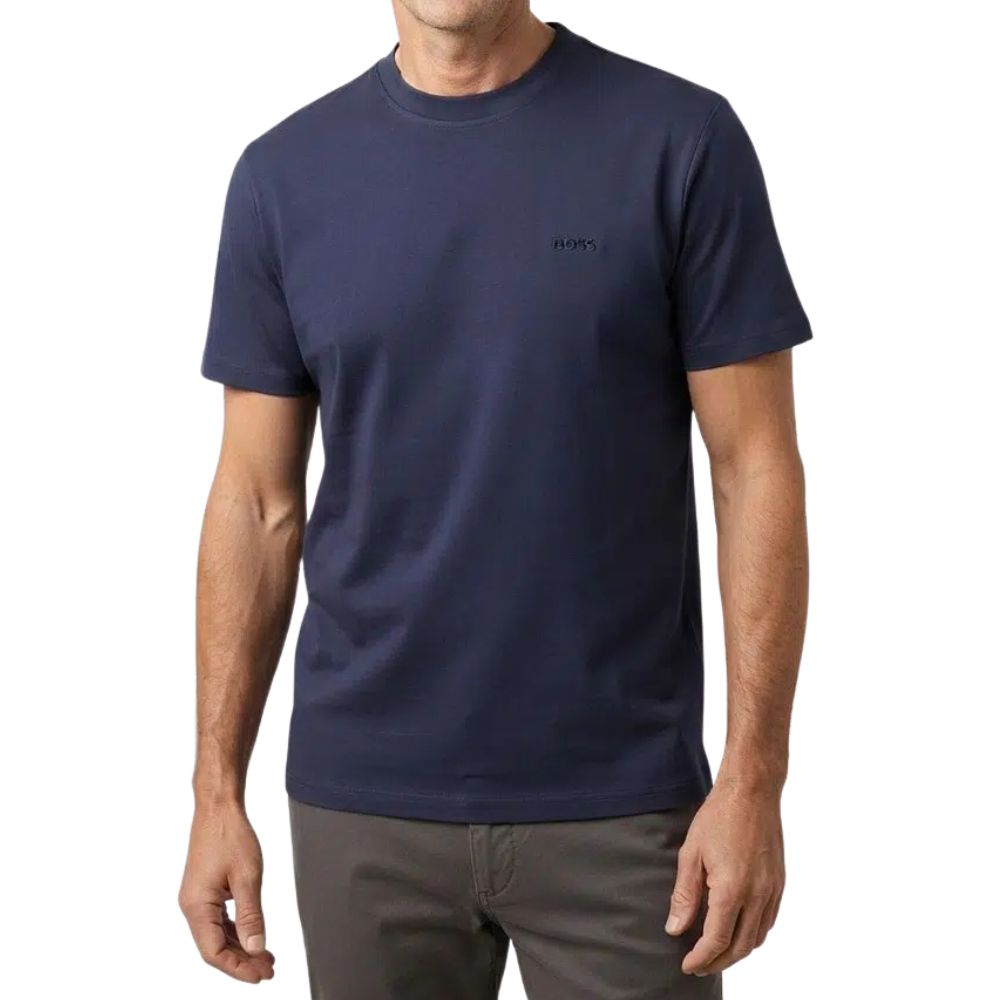 BOSS Interlock Navy Cotton T-shirt With Embroidered Logo