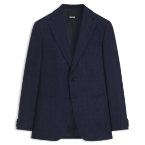 BOSS Navy Patterned Wool Linen Cotton Blend Blazer