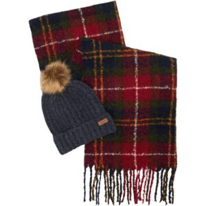 Barbour Women Grey Hat and Red Tartan Scarf Winter Gift Box