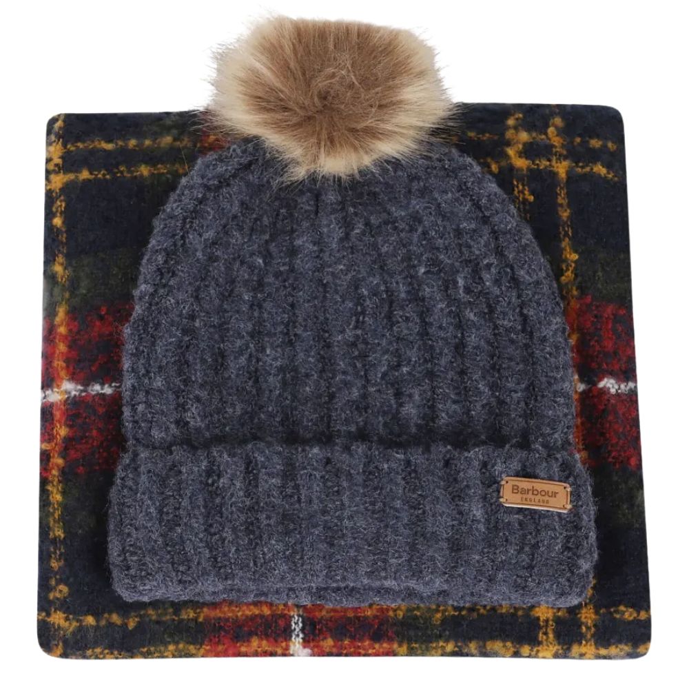 Barbour Women Grey Hat and Red Tartan Scarf Winter Gift Box