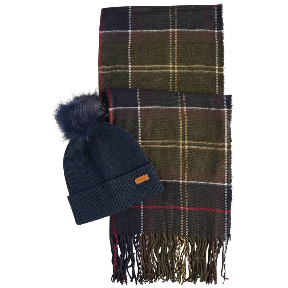 Barbour Women Navy Hat and Green Tartan Scarf Gift Box