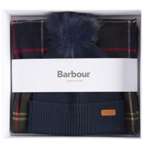 Barbour Women Navy Hat and Green Tartan Scarf Gift Box