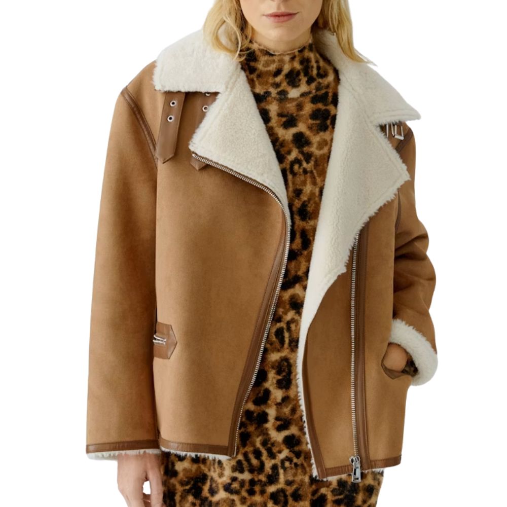 Oui Women's Brown Fur Lined Suede Jacket