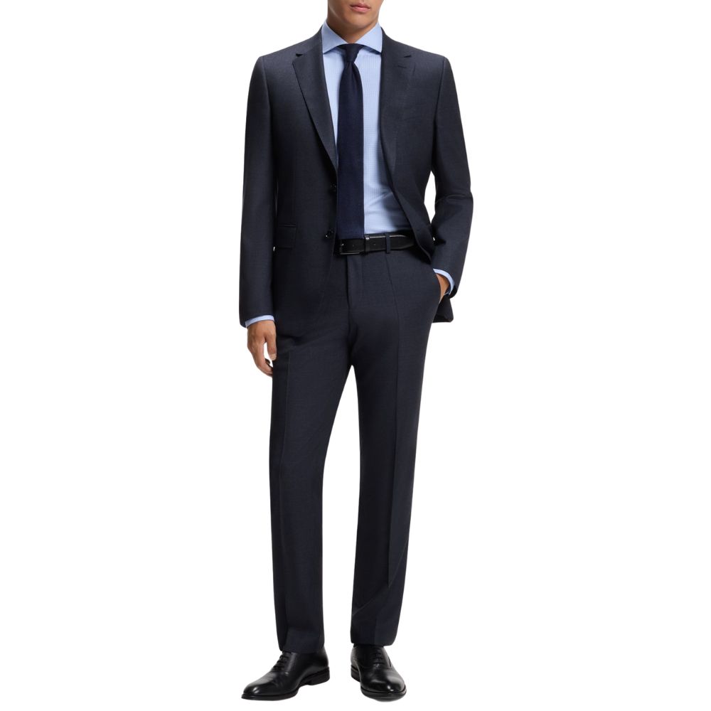 BOSS Two Piece Slim Fit Navy Suit In Patterned Stretch Wool