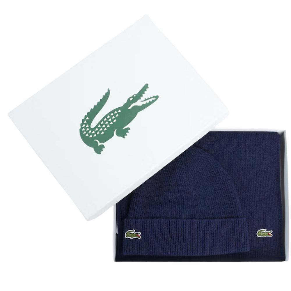 Lacoste Navy Wool Scarf And Beanie Gift Set