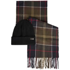 Barbour Navy Swinton Beanie And Green Check Scarf