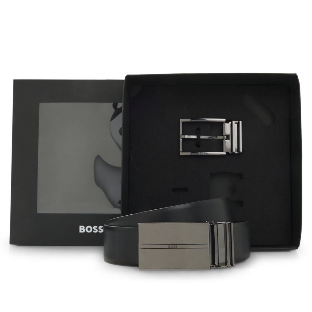 Boss Black Gomero Leather Belt with Interchangeable Buckle