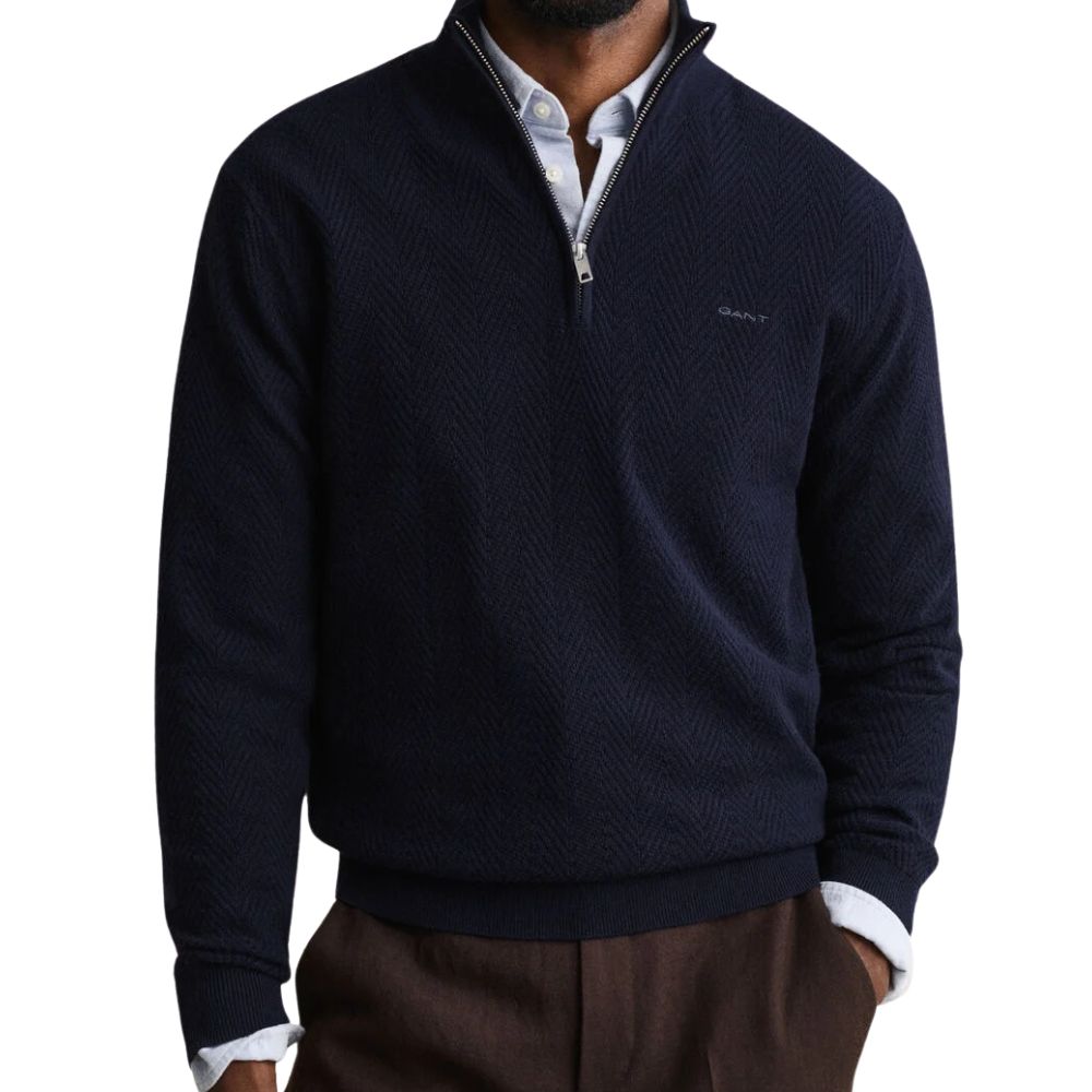 Gant Navy Herringbone Texture Half Zip