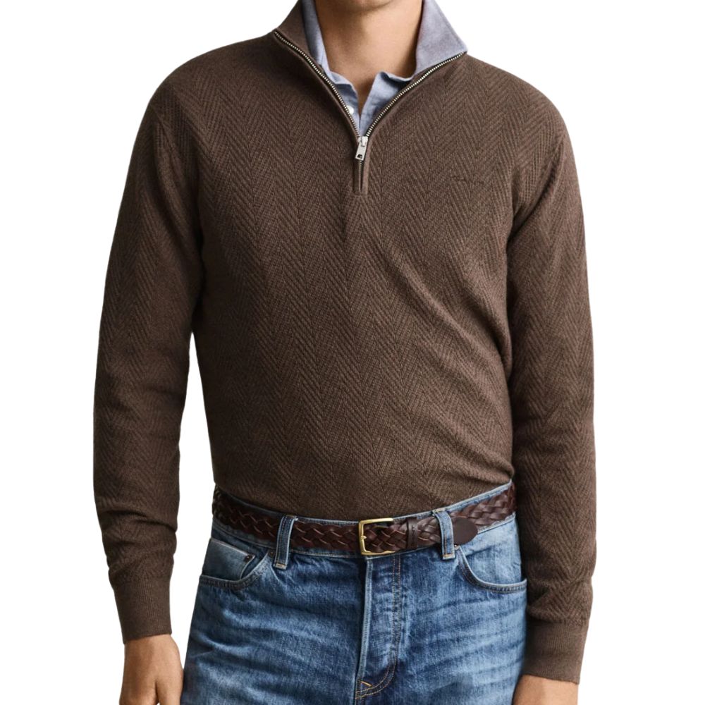 Gant brown Herringbone Texture Half Zip