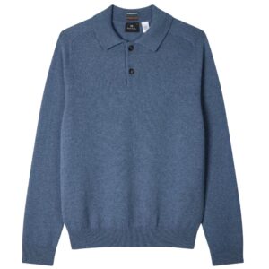 Paul Smith Merino Wool Knitted Long Sleeve Blue Polo Shirt