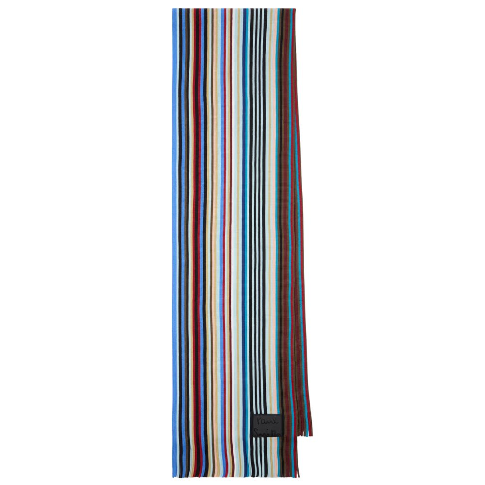 Paul Smith Multistripe Wool Blue Scarf With Logo Branding