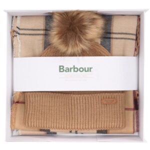 Barbour Women's Dover Camel Tartan Beanie and Scarf Gift Set